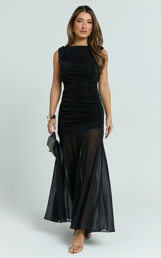 Alfiena Maxi Dress - Drop Waist Low Back Dress in Black