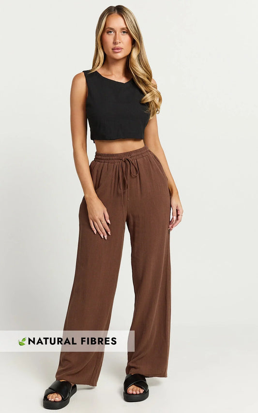 Kala Pants - Mid Waisted Relaxed Elastic Waist Pants in Chocolate