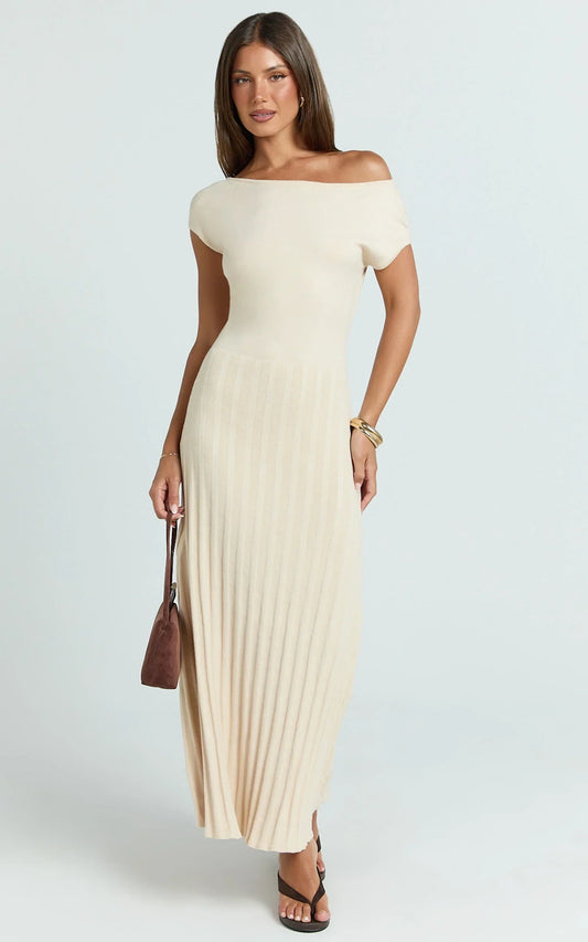 Jadey Midi Dress - Cap Sleeve Pleated Dress in Bone