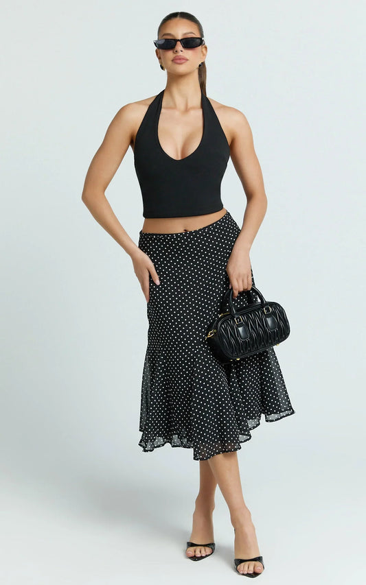 Charlie Midi Skirt - Polka Dot Low Waist Godet Skirt in Black