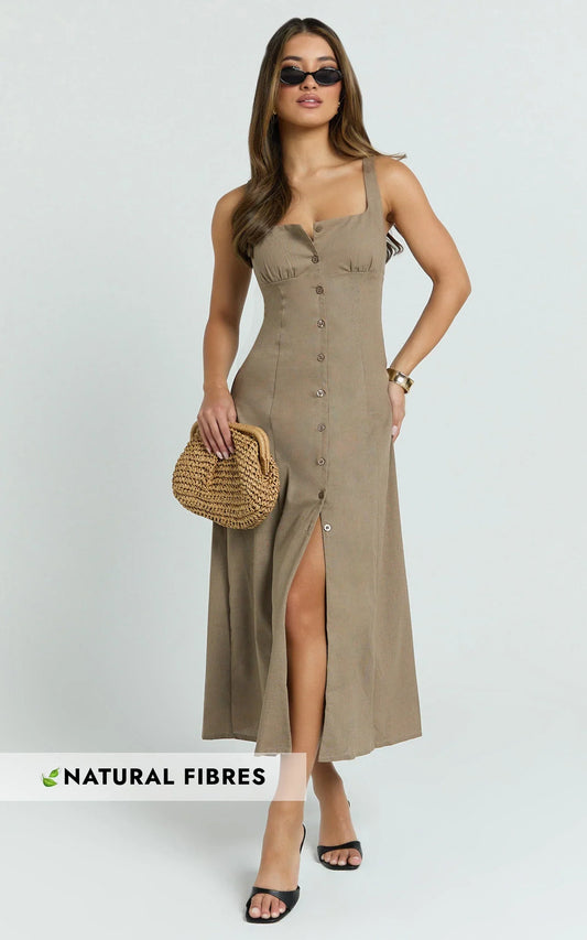 Cameron Midi Dress - Button Front Tie Back Dress in Mocha