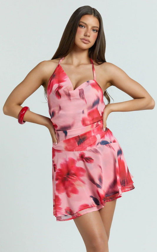 Claudia Mini Dress - Floral Halter Cowl Neck Flounce Dress in Pink Floral