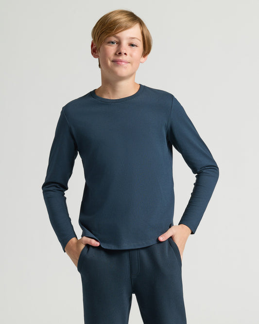 Boys' Navy Classic Long Sleeve Curved Hem Crew