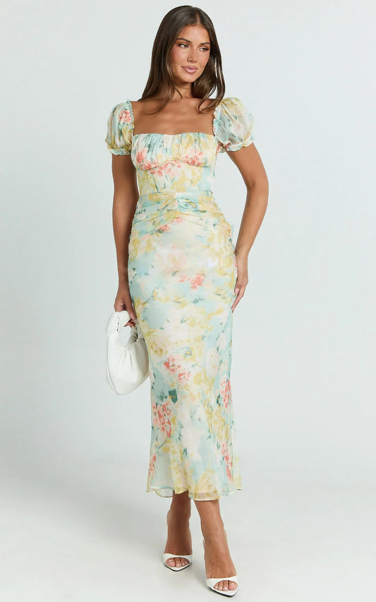 Debina Maxi Dress - Sweetheart Neckline Short Sleeve Dress in Yellow