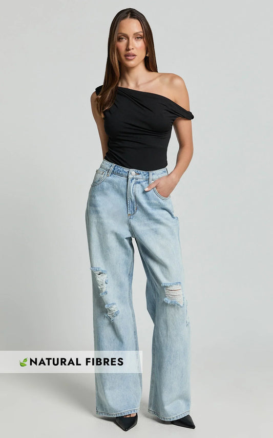 Cate Jeans - Baggy High Waist Ripped Wide Leg Recycled Denim Jeans in Light Blue Wash