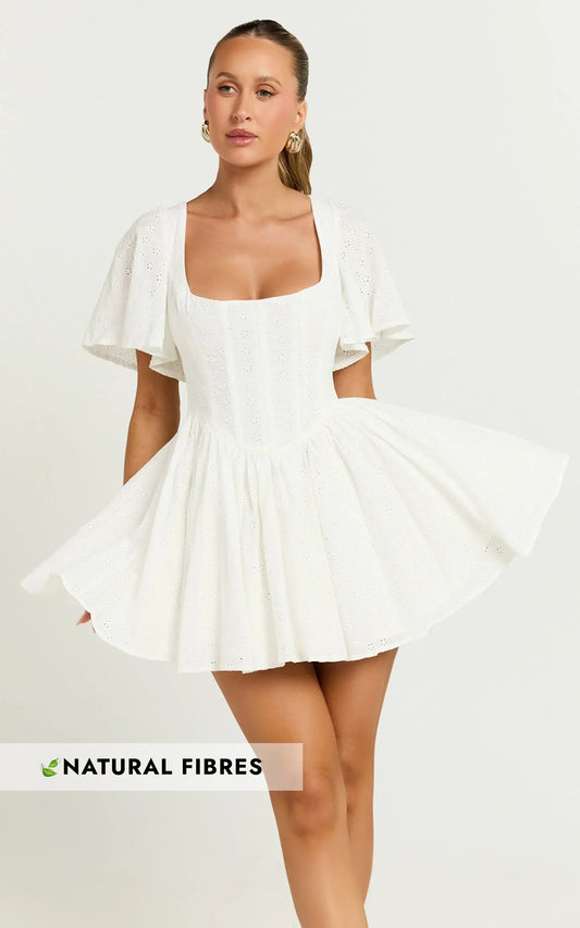 Edelyn Mini Dress - Corset Front Gathered Dress in White