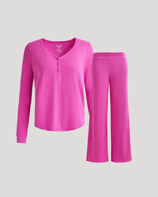 Womens Electric Fuchsia Waffle Long Sleeve Henley & Waffle Leg Pant 2-Pack