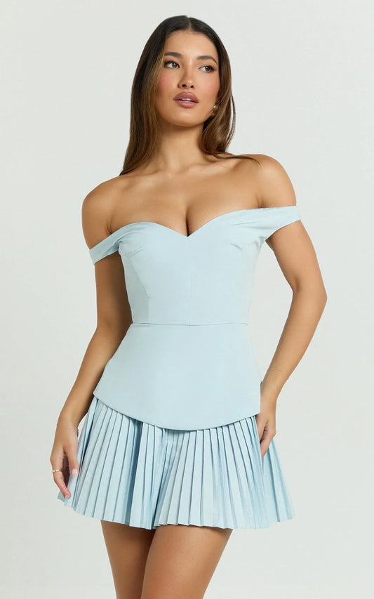 Izara Mini Dress - Off Shoulder Pleated Dress in Blue