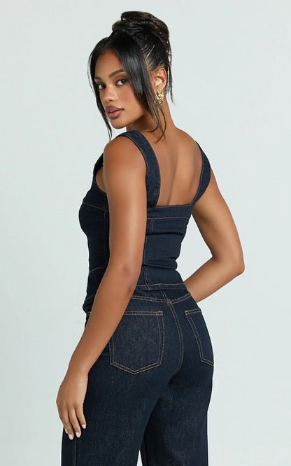 Bellerose Top - Front Zip Denim Fitted Top in Raw Denim with Tobacco Stitch