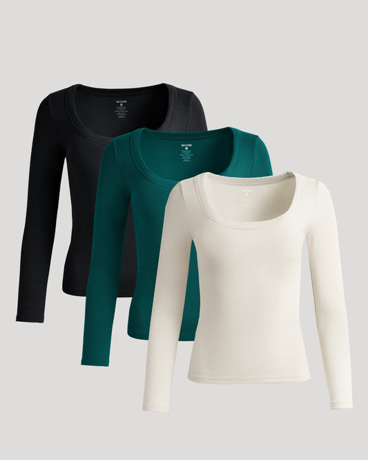 Womens Ribbed Long Sleeve Scoop Neck Tee 3-Pack