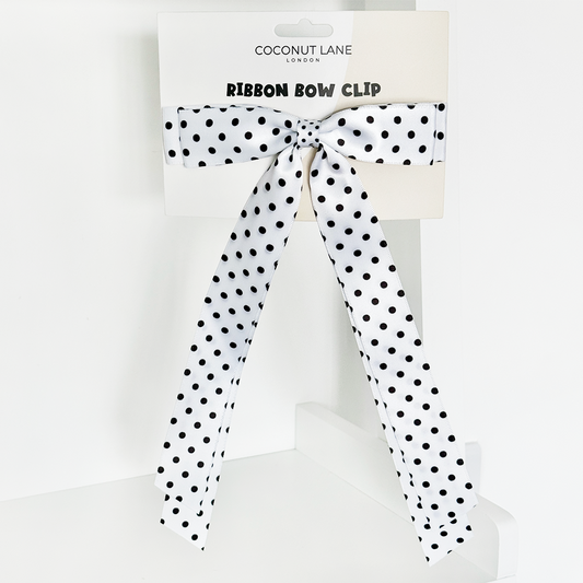 Ribbon Bow Clip - White Polka Dot