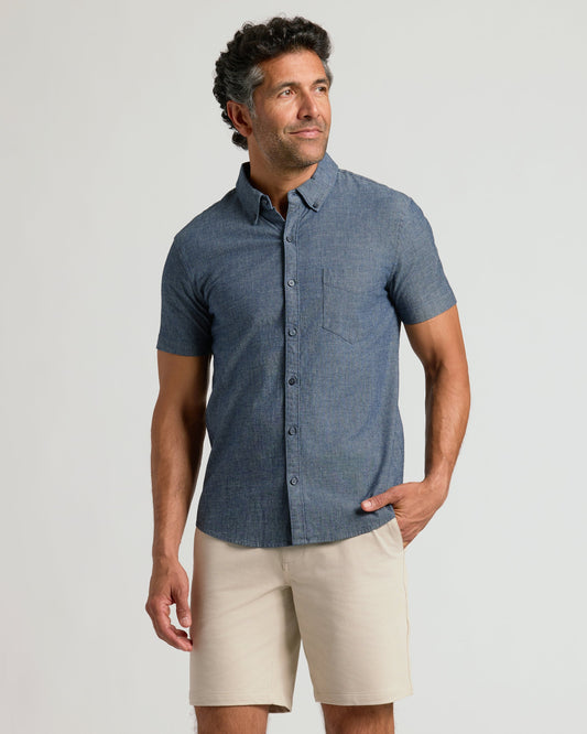 Medium Indigo Wash Short Sleeve Stretch Chambray Shirt