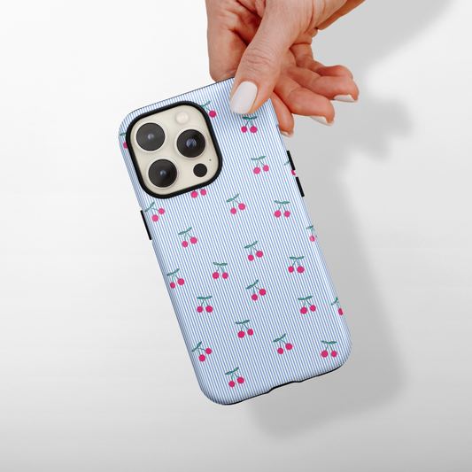 Tough MagSafe® Phone Case - Blue Stripe Cherries