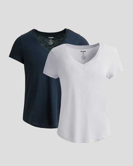 Womens Navy & White Relaxed Slub V-Neck Tee 2-Pack