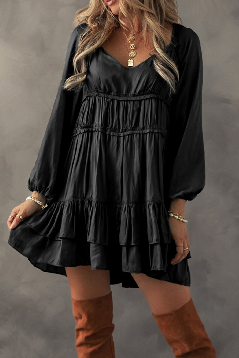 Apricot Tiered Ruffled Puff Sleeve Loose Fit Mini Dress