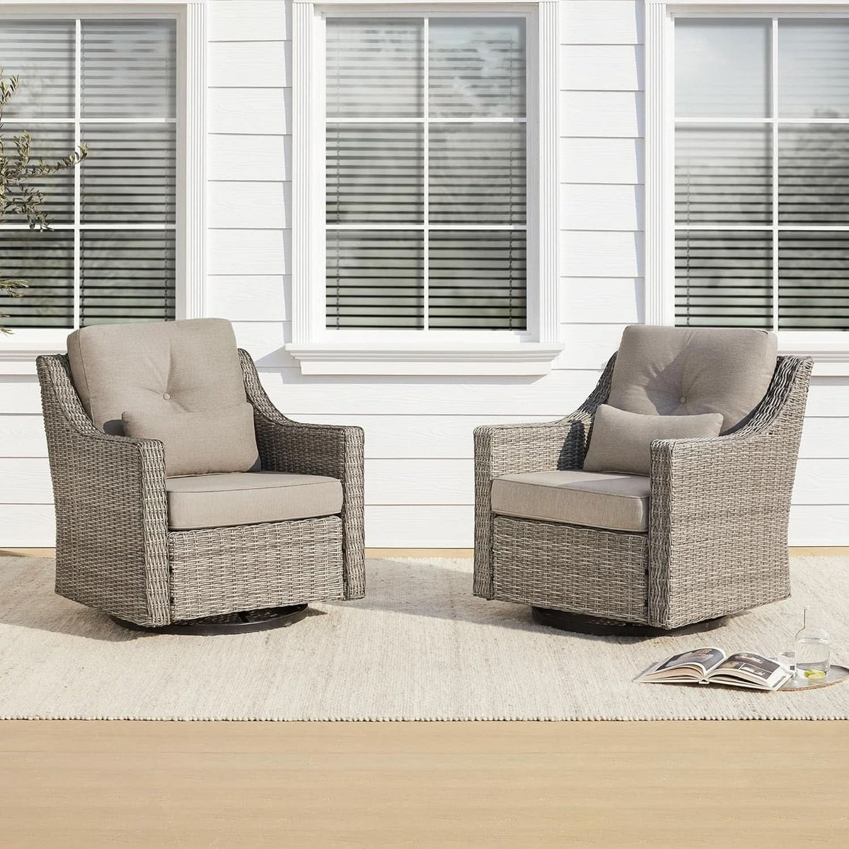 2 Piece Patio Wicker Chairs Set With 360 Degree Rocking Swivel Outdoor Rattan Thick Cushions For Backyard