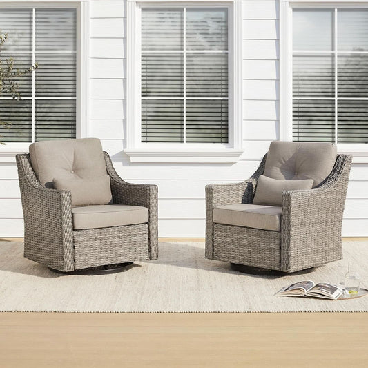 2 Piece Patio Wicker Chairs Set With 360 Degree Rocking Swivel Outdoor Rattan Thick Cushions For Backyard