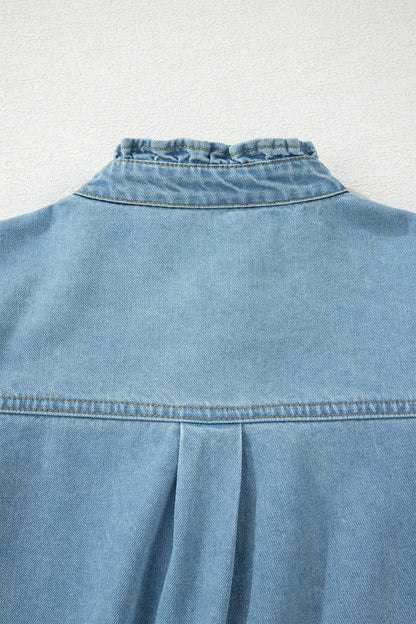 Myosotis Frilled Detail Button Down Ruffle Short Sleeve Denim Mini Dress
