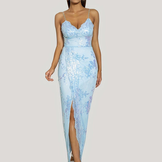 Floral Sequin Spaghetti Strap Sleeveless Party Dress