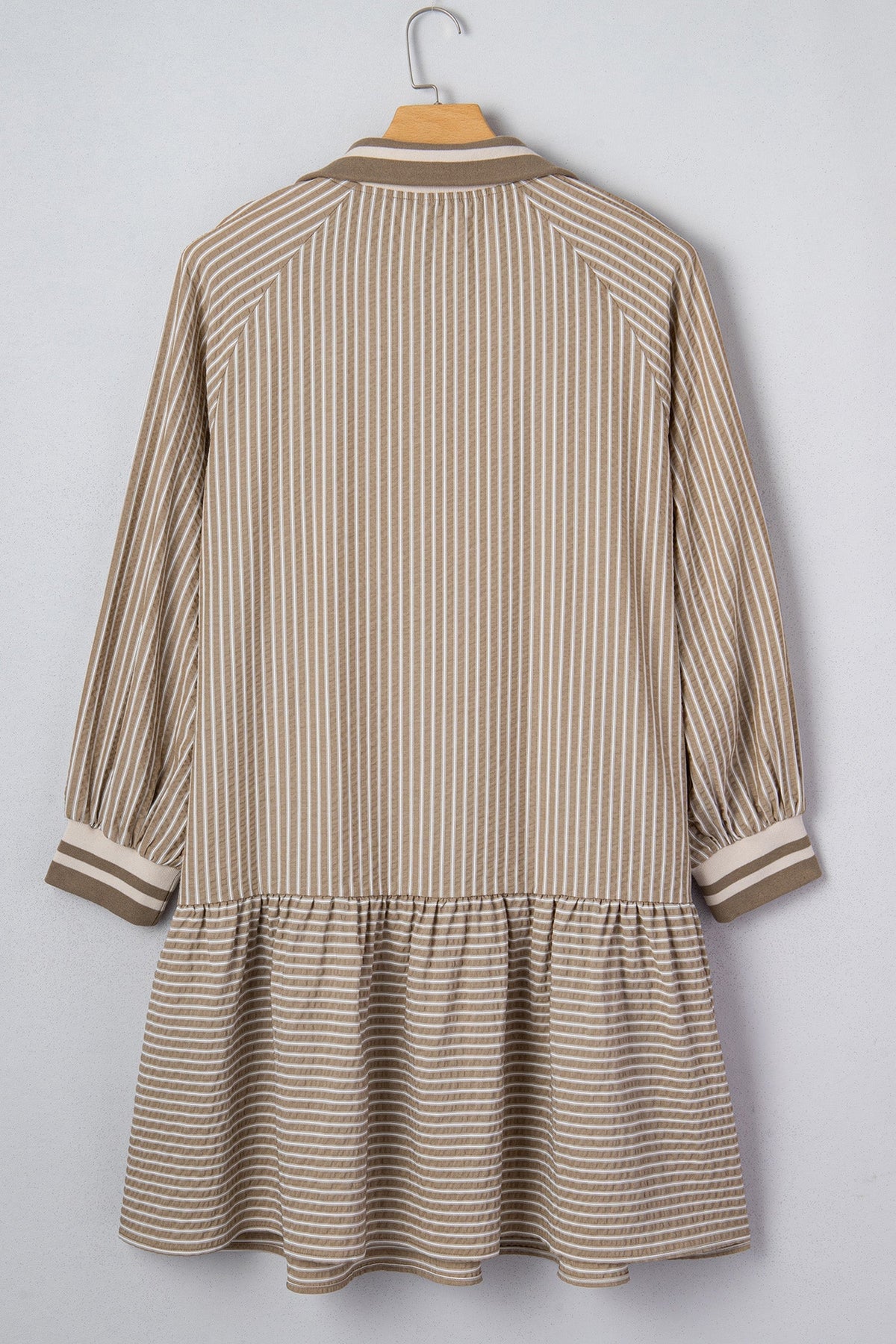 Khaki Stripe Zip up Collared Puff Sleeve Ruffled Plus Size Mini Dress