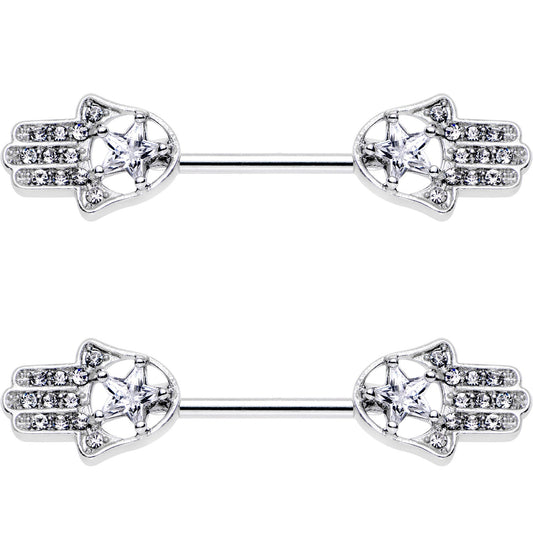 14G 9/16 Clear Gem Star Hamsa Hand Barbell Nipple Ring Set