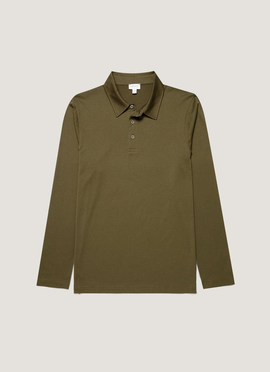 Men's Long Sleeve Classic Jersey Polo Shirt in Deep Olive