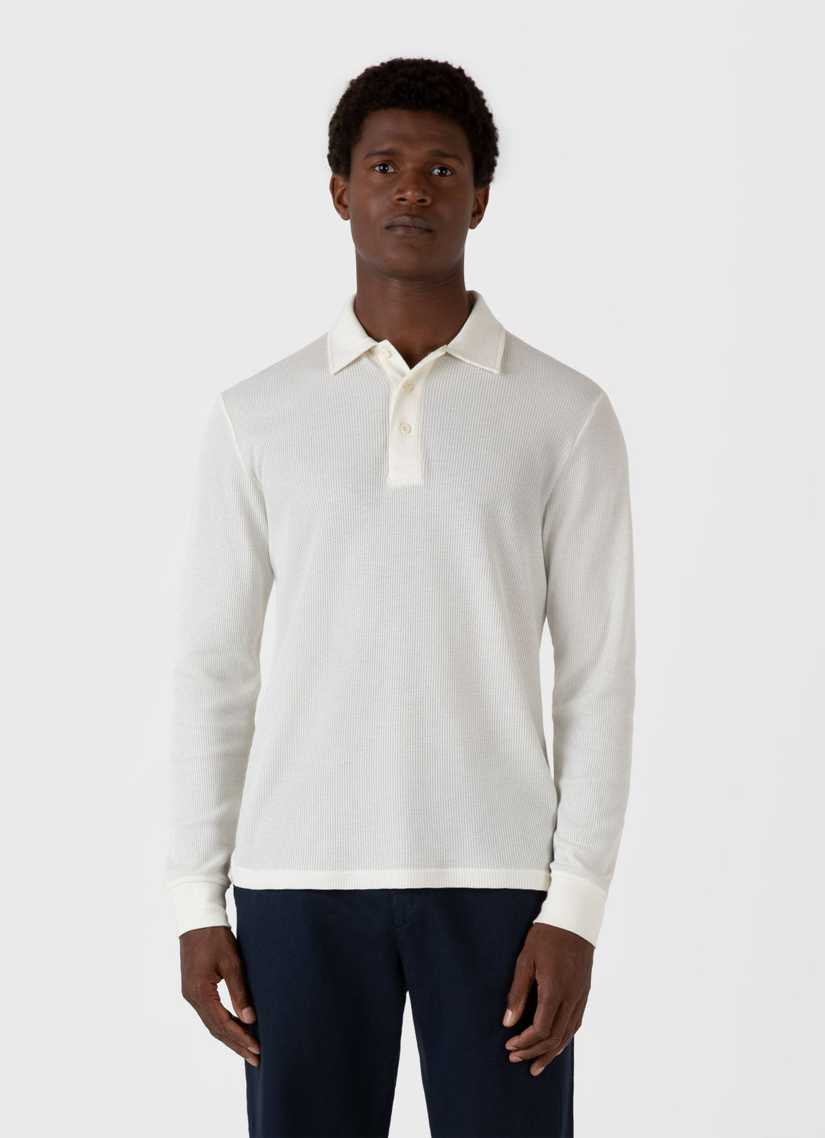 Mens Long Sleeve Waffle Polo Shirt In Ecru Mpol1067 Whcr