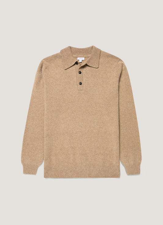 Men's Lambswool Knitted Polo Shirt in Sandstone
