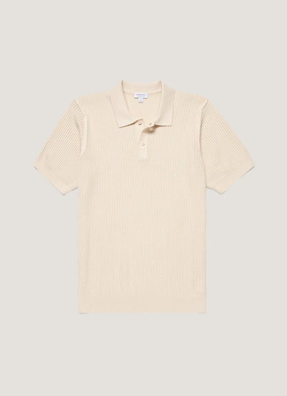 Mens Linear Mesh Knit Polo Shirt In Ecru Mpol8276 Whcr
