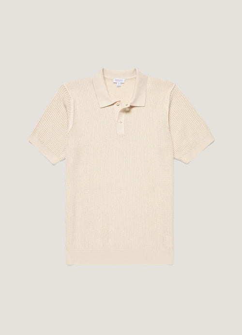 Mens Linear Mesh Knit Polo Shirt In Ecru Mpol8276 Whcr