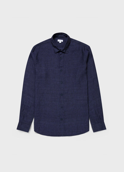 Mens Linen Long Sleeve Shirt In Navy Melange Msht2061 Buag