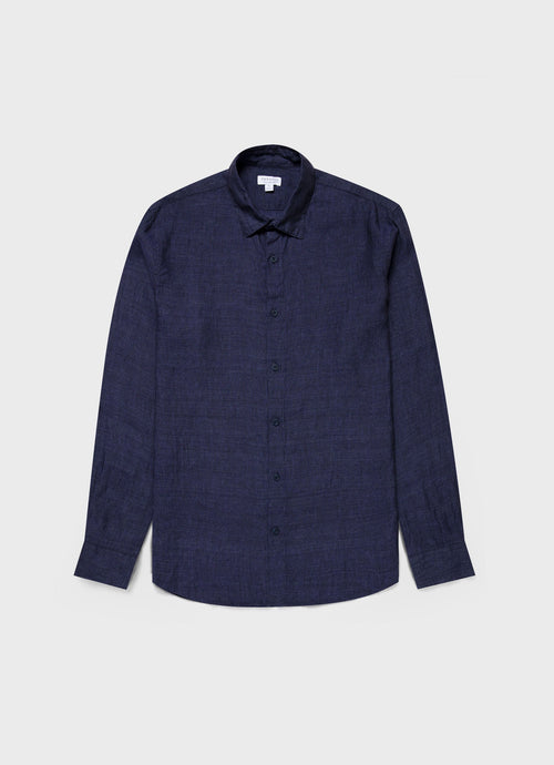 Mens Linen Long Sleeve Shirt In Navy Melange Msht2061 Buag