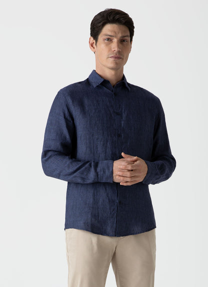 Mens Linen Long Sleeve Shirt In Navy Melange Msht2061 Buag