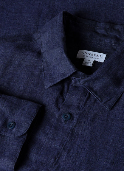 Mens Linen Long Sleeve Shirt In Navy Melange Msht2061 Buag