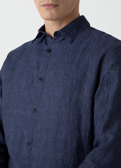 Mens Linen Long Sleeve Shirt In Navy Melange Msht2061 Buag