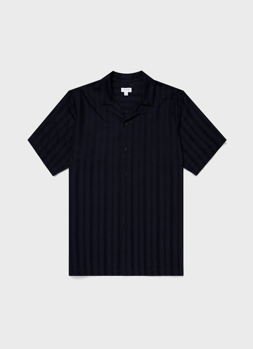 Mens Embroidered Stripe Camp Collar Shirt In Navy Msht2084 Buaa