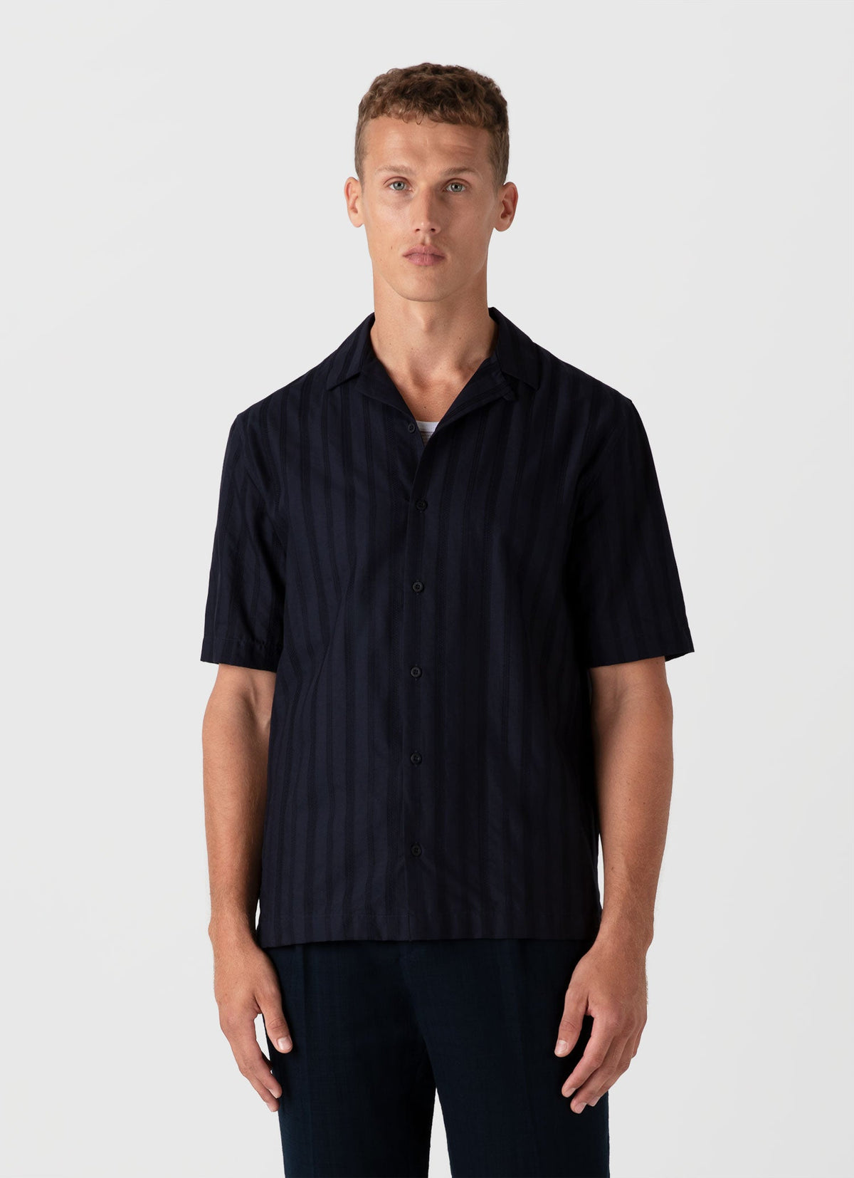Mens Embroidered Stripe Camp Collar Shirt In Navy Msht2084 Buaa