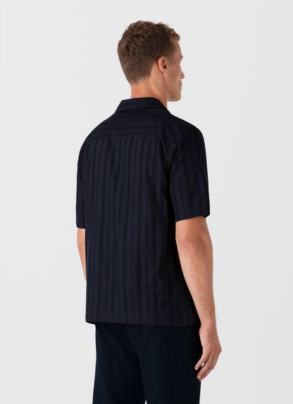 Mens Embroidered Stripe Camp Collar Shirt In Navy Msht2084 Buaa