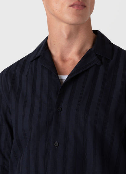 Mens Embroidered Stripe Camp Collar Shirt In Navy Msht2084 Buaa