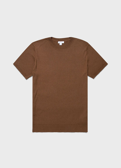Mens Fine Rib Silk Cotton Tshirt In Dark Sand Mtsh8240 Brey
