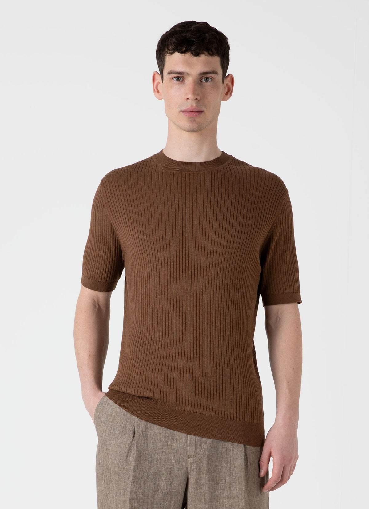 Mens Fine Rib Silk Cotton Tshirt In Dark Sand Mtsh8240 Brey