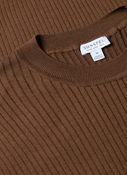 Mens Fine Rib Silk Cotton Tshirt In Dark Sand Mtsh8240 Brey