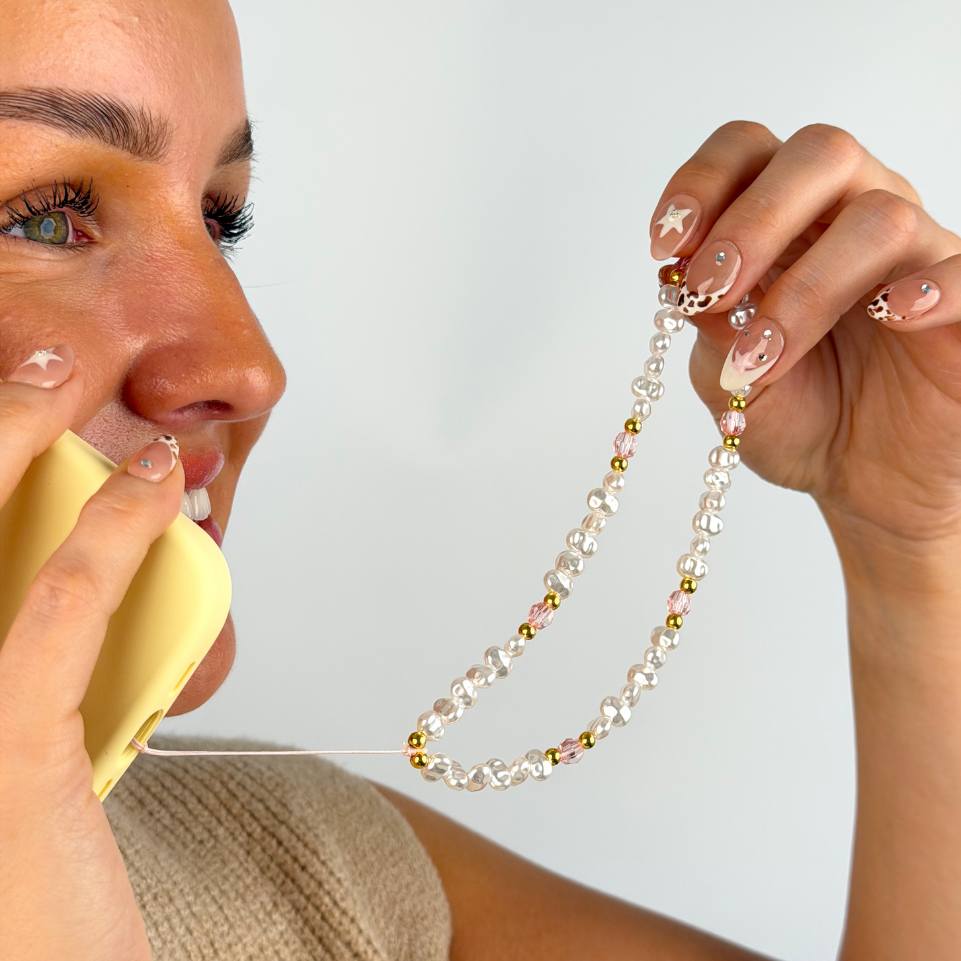 Beaded Phone Strap - Pearl, Gold & Pink