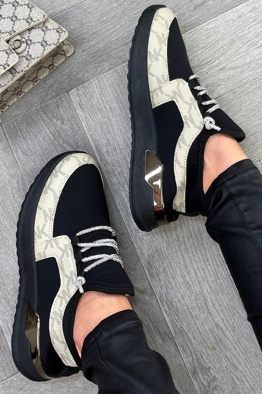 Black Lace Up Trainers With Diamante Detail